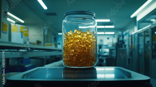 Clear jar filled with golden pills on a scale in a modern facility