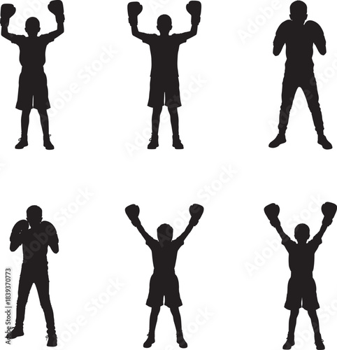 Six silhouette boxing figures celebrating victory with arms raised in victory poses