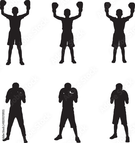 Silhouettes of boxers in various poses showcasing victory and combat readiness 