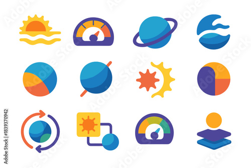 Stellar Climate Icons. Stellar-Influenced Climate Systems flat set: solar radiation band, stellar flux gauge, magnetosphere buffer ring, atmospheric ionization bar, planetary