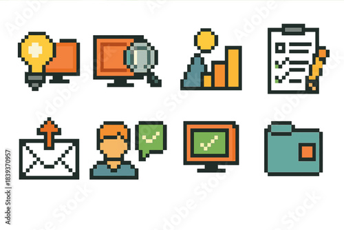 Pixel Art Resolution Icons. Incident resolution pathways actions pixel style set: identifying issue, diagnosing cause, prioritizing impact, troubleshooting steps, escalating ticket