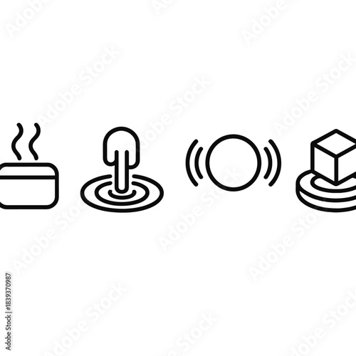 Multisensory Experience Icons. Multisensory Experience Spaces linear set: scent wave emitter, haptic ripple pad, resonance orb.
