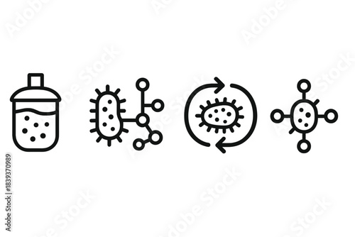Microbial Manufacturing Icons. Microbial Manufacturing Networks linear set: fermenter colony node, metabolic flow loop, synthesis microhub.