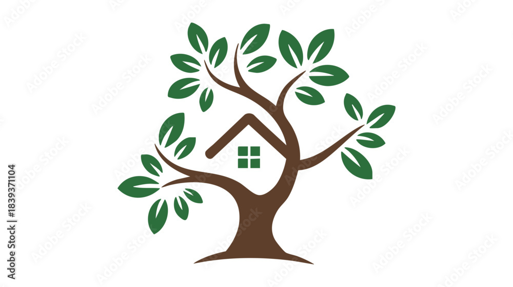 Obraz premium Green home tree logo symbolizing sustainable living and eco-friendly real estate development