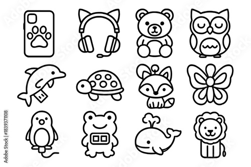 Animal-Themed Gadget Icons. Animal-Themed Gadgets linear set: paw-print phone case, cat-ear headphones, bear-shaped lamp, owl night-light, dolphin USB drive, turtle speaker, fox