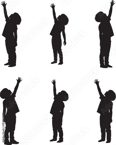 Silhouettes of children reaching up towards the sky in various playful poses