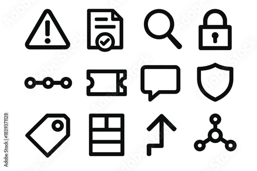 Bold Crisis Management Icons. Crisis Handling Set silhouette set: alert symbol, response plan page, investigation magnifier, lock outline, event timeline, incident ticket,