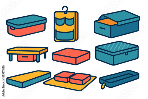 Modern Storage Solutions. Bedroom Space Saver flat set: long storage tub, textile organizer, hidden compartment box, breathable fabric case, under-bed shelf, storage mat, slim tray