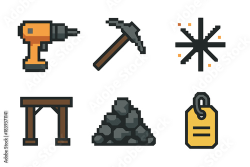 Core Tool Icons. Core Extraction Tools set of icons in flat pixel vector style: handheld drill, pick tool, blasting symbol, support beam, rubble pile, equipment tag.