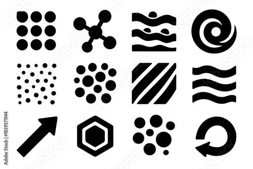 Bold Microplastic Icons. Microplastic Transport Patterns silhouette set: microplastic bead tile, flow node, sediment deposition bar, turbulent ring, dispersion dot, aggregation