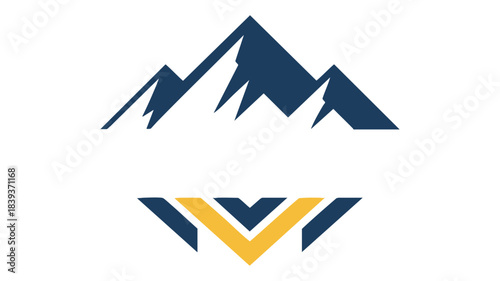 Stylized mountain range and inverted chevron logo design in blue and yellow on white
