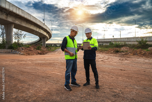 Two Engineers Discussing Plans at Construction Site Under Dramatic Sky with Elevated Highway