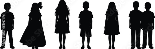 Kids and elementary school students black silhouettes vector set, standing and walking with backpacks and books, children figures for graphic design elements, on white.