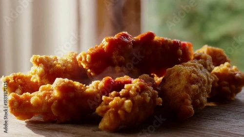 A mouth-watering close-up of crispy, golden-brown fried chicken drumsticks and wings stacked on a wooden board, chilli hot sauce drizzling over them