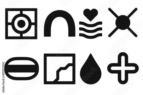 Vulnerability Icon Set. Vulnerability dimension themes silhouette set: inner-layer tile, openness arc, fear ripple bar, trust node, resilience band, boundary marker, emotional