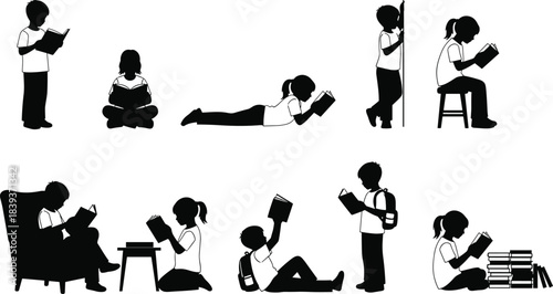 massive collection of diverse people, adult and child readers, various crowd groups, plus a comprehensive set of shoes and boots, isolated on white