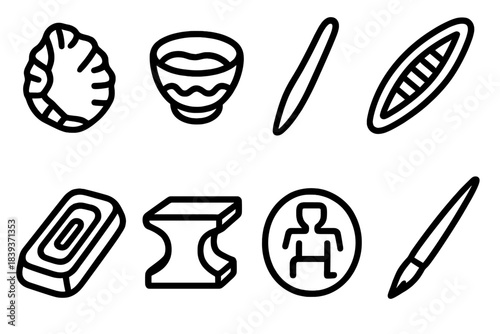 Historic Artisan Tools. Historic Maker Tools linear set: stone scraper, pigment bowl, bone awl, textile shuttle, metal ingot, simple anvil, carved token, reed pen.