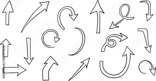 Collection of hand drawn black and white arrows in various shapes and directions