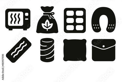Soothing Heat Accessories Icons. Soothing heat accessories silhouette set: microwave pad, herbal sachet, gel wrap, shoulder warmer, heat strip, comfort sleeve, warm pillow, soft