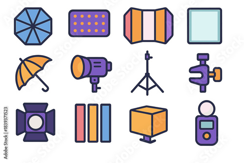 Modern Lighting Setup Icons. Lighting Setup Components flat set: octabox globe, pocket LED brick, tri-fold reflector, diffusion scrim, parabolic umbrella, monolight head,