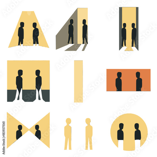 Dramatic Standoff Icons. Dramatic Standoff Icons pixel style set: spotlight divide, long shadow, narrow passage, tense silhouette, horizon standoff line, stark contrast bar,