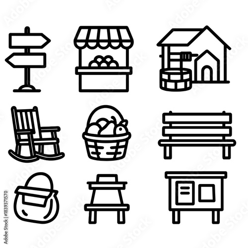 Rural Community Icons. Rural Community Features linear set: village signpost, market stall, shared well, local hall, porch chair, produce basket, meeting bench, notice board.
