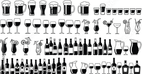 Black Silhouette Vector Collection of Alcoholic Drinks, Beer Mugs, Wine Glasses, Cocktail Cups, Bottles, Beverage Menu, Bar, Pub Icons.