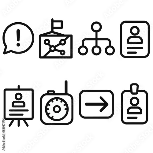 Communication Icons Collection. Communication & Coordination Pack linear set: alert message bubble, command post icon, coordination lines, team roster card, briefing board, radio