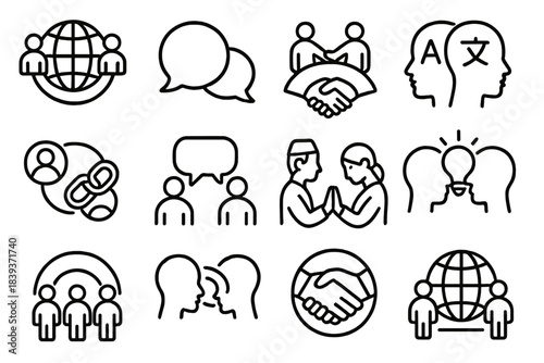 Global Communication Icons. Multicultural Communication Set linear set: world connection, open dialogue bubble, handshake bridge, translation symbol, cross-border link, shared