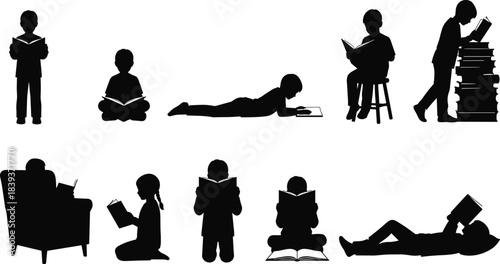 Mega bundle of vector silhouettes: diverse people, large crowds, reading figures, and a comprehensive collection of various footwear, flat illustration isolated on white background