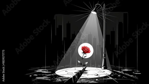 Dramatic Spotlight on a Single Red Rose in a Dark, Gritty Urban Setting.