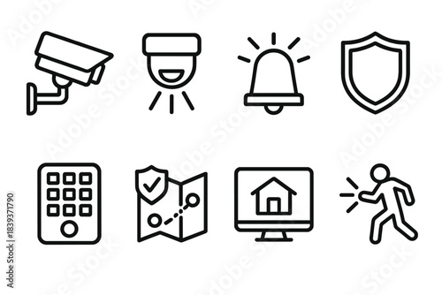 Security Icons Set. Security Monitoring Set linear set: surveillance camera, motion sensor, alert bell, shield emblem, access keypad, patrol route map, security monitor, intrusion