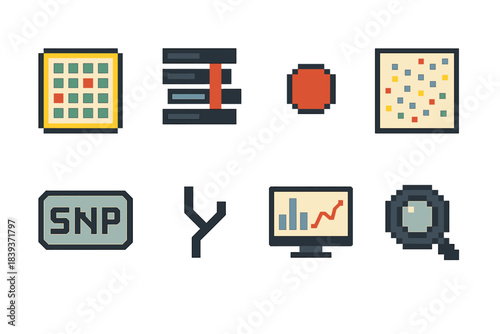 Genomic Icons Set. Genomic Analysis Suite pixel style set: sequencing chip, read alignment bars, variant marker dot, data cluster map, SNP tag, phylogenetic branch, analysis