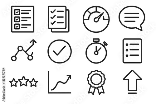 Drill Assessment Icons. Drill Assessment Elements linear set: grading sheet, step checklist, performance dial, critique bubble, improvement path, evaluation mark, stopwatch icon,