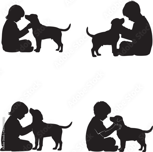 Silhouette of a child and dog sharing a tender moment of connection and affection