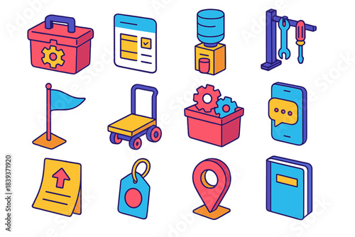 Field Tools Icons. Operational Field Support Tools isometric flat set: gear tote, inventory card, hydration station, tool rack, route flag, mobile cart, spare parts bin,