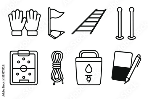 Soccer Gear Icons. Match Preparation Kit linear set: gloves pair, corner marker, warm-up ladder, sideline poles, team sheet card, spare laces, water cooler, referee notebook.
