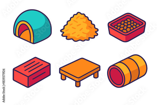 Pet Habitat Icons. Pet Habitat Essentials isometric flat set: habitat dome, bedding pile, food tray, chew block, rest platform, play tunnel.