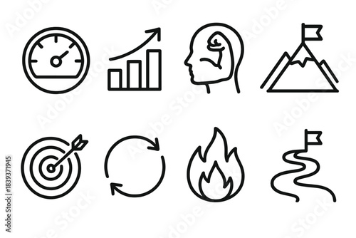 Resilience Icon Set. Resilience & Persistence Skills linear set: endurance gauge, steady progress arrow, mental strength icon, challenge mountain, focus target, recovery cycle loop