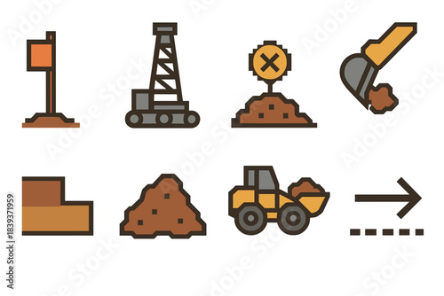Excavation Icons Set. Excavation Workflow Set set of icons in flat pixel vector style: survey stake, drill rig pattern, blast hole marker, bucket dig motion, bench cut, muck pile,