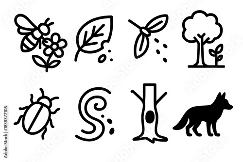 Ecosystem Interaction Icons. Natural Interaction Network linear set: pollination moment, herbivory bite mark, seed scatter trail, detritivore beetle, canopy–understory link, stream
