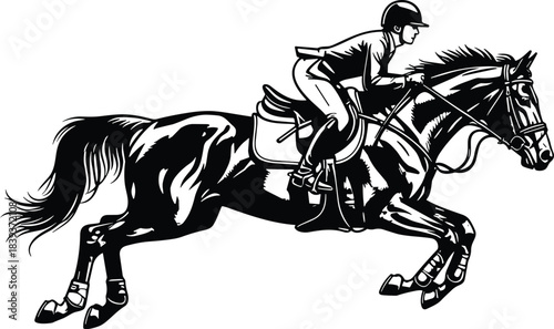 Black Silhouette Vector Illustration of Equestrian Horseback Rider Jumping, Show Jumping Competition, Racing, Sport, Animal, Riding, Horse.