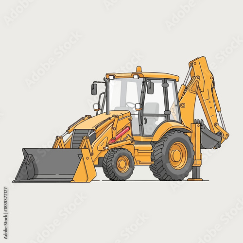 Vector illustration depicting a yellow backhoe loader against a neutral background image