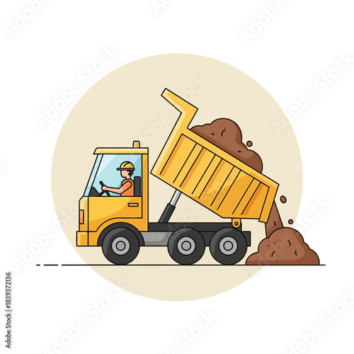 Illustration of a construction truck dumping soil on a surface in a graphic style
