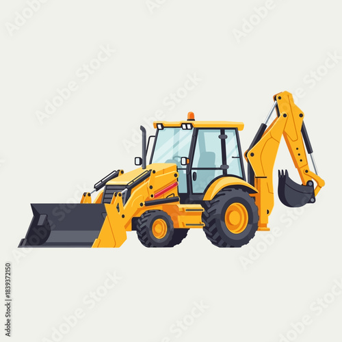 Yellow backhoe loader illustration showcasing construction equipment functionality on a light