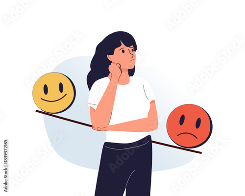 Mood swings, psychology and mental concept. Emotions change from happy to sad, positive to negative. Bipolar shift