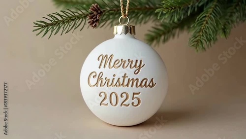 Merry christmas 2025 text on hanging round ornament with pine branch for festive greeting card holiday season message and elegant winter decoration background use