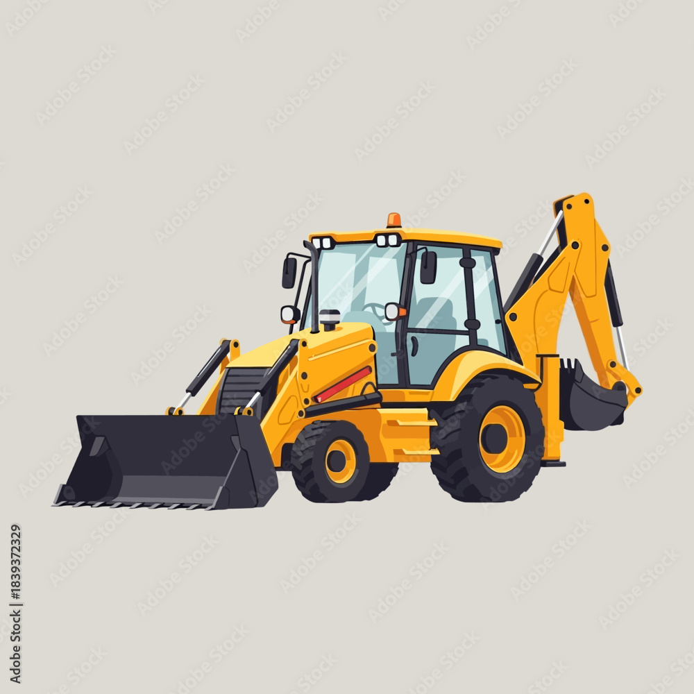 Fototapeta premium Vibrant yellow backhoe loader illustration showcasing engineering and construction prowess