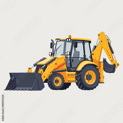 Detailed yellow backhoe loader illustration against light background shows construction equipment