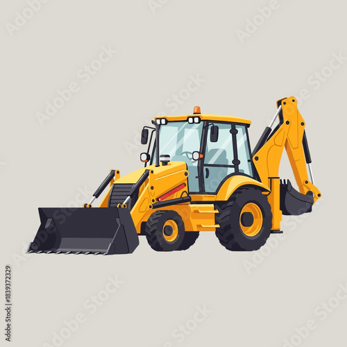 Vibrant yellow backhoe loader illustration showcasing engineering and construction prowess